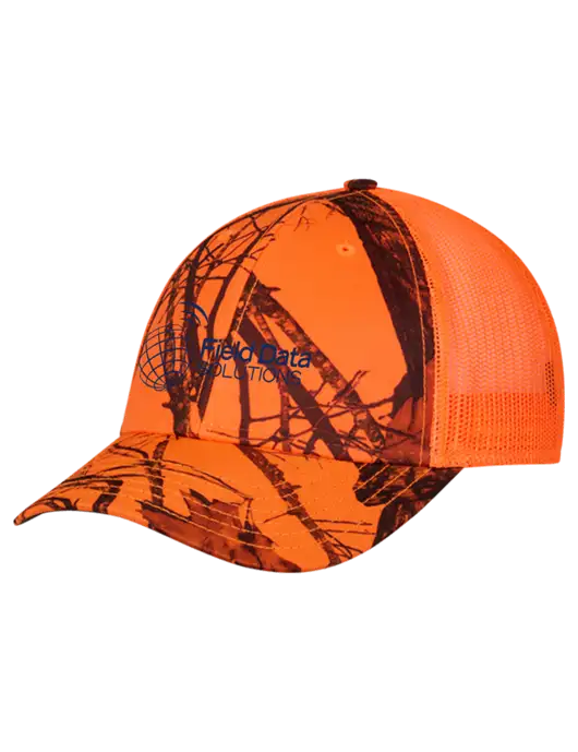 Blaze/Neon Orange Mossy Oak Camo Mesh Trucker Cap Snap Back w/Field Data Solutions Logo