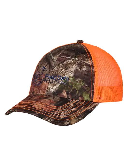 Country Orange Mossy Oak Camo Mesh Trucker Cap Snap Back w/Field Data Solutions Logo