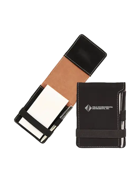 Black Leatherette Mini Notepad with Pen,  3.25 x 4.75 w/Field Environmental Logo