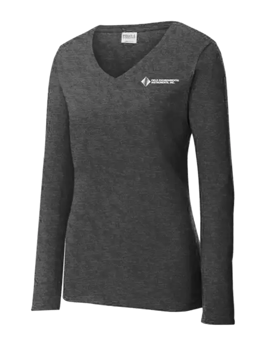 Womens  V-Neck Ring Spun Dark Heather Grey 4.5 oz Long Sleeve T-Shirt w/Field Environmental Logo