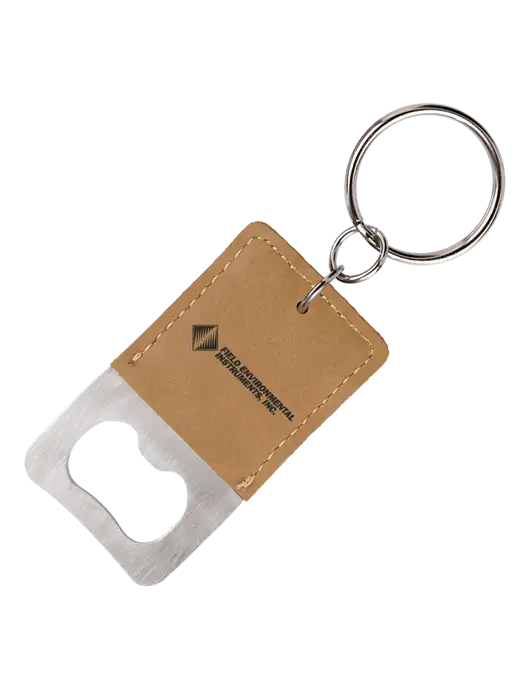 Tan Leatherette Rectangle Bottle Opener Keychain w/Field Environmental Logo