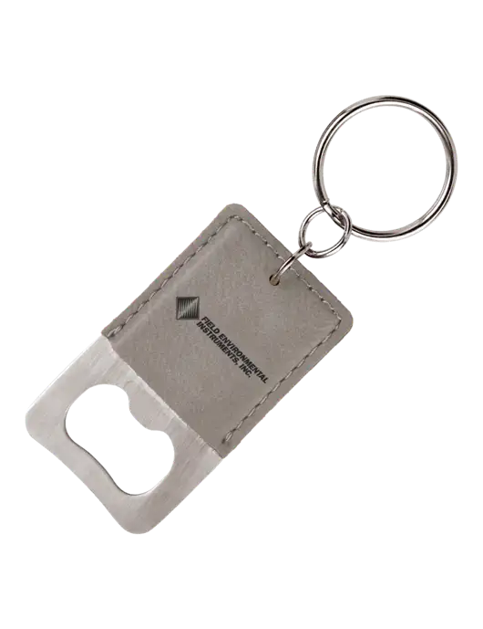 Grey Leatherette Rectangle Bottle Opener Keychain w/Field Environmental Logo