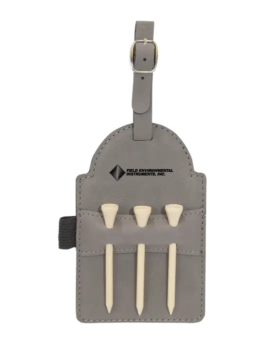 Grey Leatherette Golf Bag Tag with 3 Wooden Tees w/Field Environmental Logo