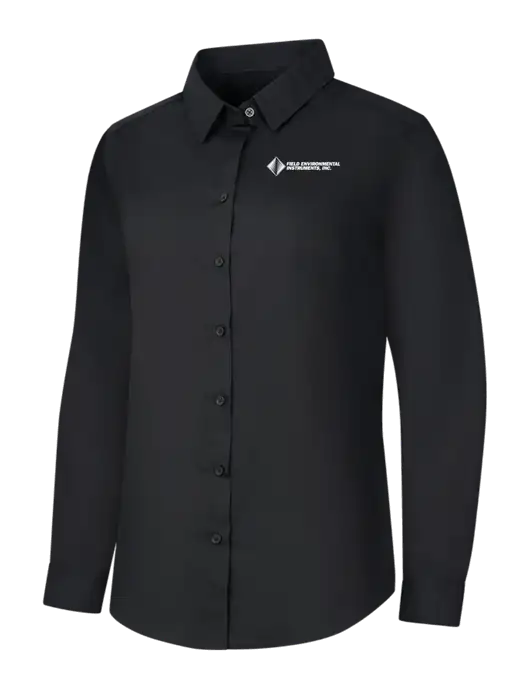 Womens Black Long Sleeve Carefree Poplin Shirt w/Field Environmental Logo