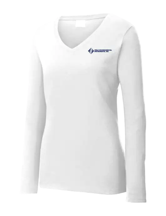 Womens  V-Neck Ring Spun White 4.5 oz Long Sleeve T-Shirt w/Field Environmental Logo