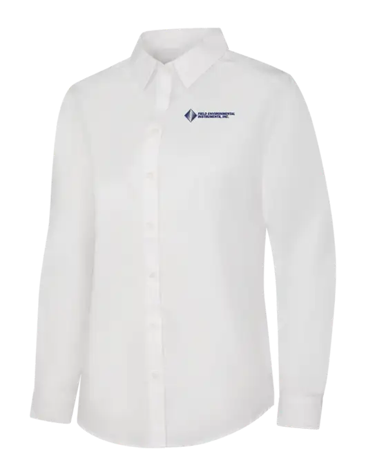Womens White Long Sleeve Carefree Poplin Shirt w/Field Environmental Logo