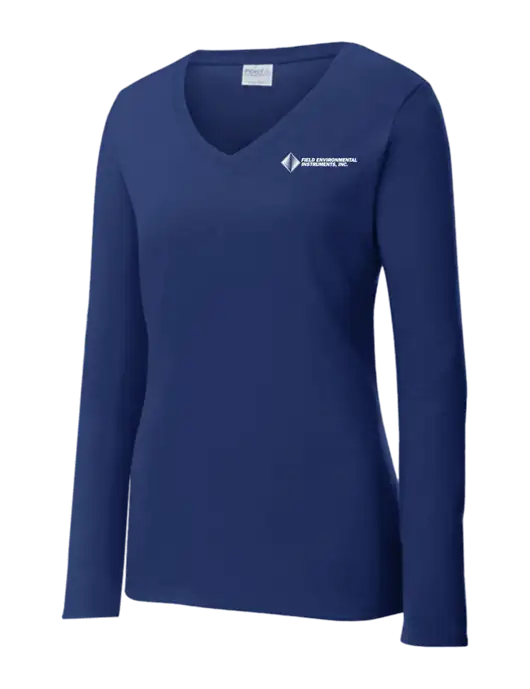 Womens  V-Neck Ring Spun Navy 4.5 oz Long Sleeve T-Shirt w/Field Environmental Logo