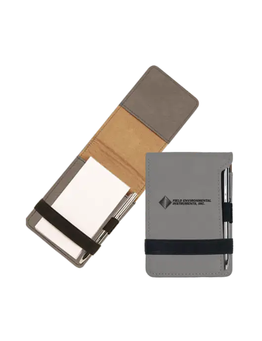 Grey Leatherette Mini Notepad with Pen,  3.25 x 4.75 w/Field Environmental Logo