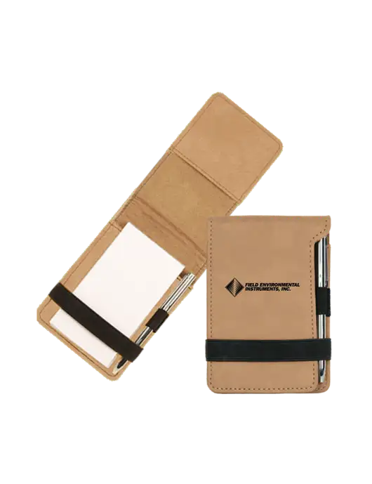 Tan Leatherette Mini Notepad with Pen,  3.25 x 4.75 w/Field Environmental Logo