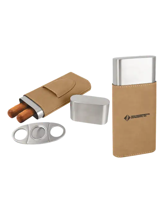 Tan Leatherette Cigar Case with Cutter w/Field Environmental Logo