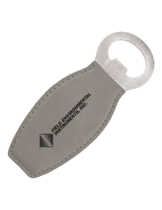 Grey Leatherette Bottle Opener with Magnet w/Field Environmental Logo