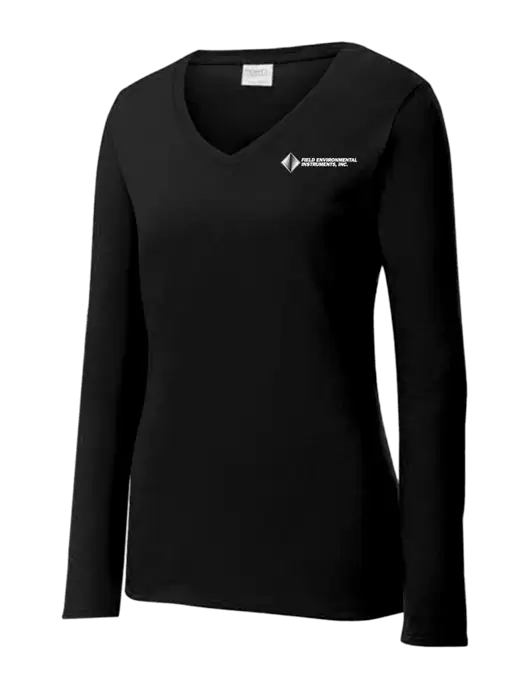 Womens V-Neck Ring Spun Jet Black 4.5 oz Long Sleeve T-Shirt w/Field Environmental Logo
