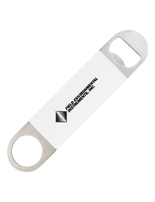 White Bottle Opener with Silicone Grip w/Field Environmental Logo