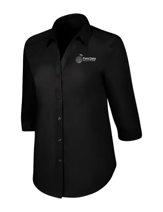 Womens Black 3/4 Sleeve Carefree Poplin Shirt w/Field Data Solutions Logo