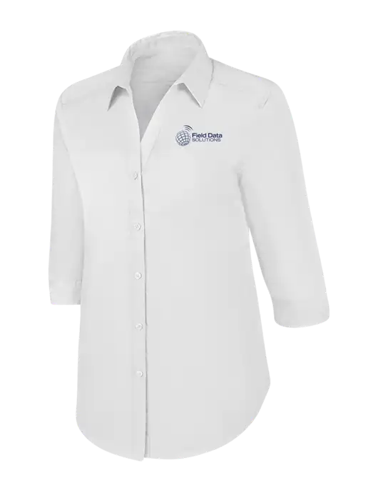 Womens White 3/4 Sleeve Carefree Poplin Shirt w/Field Data Solutions Logo